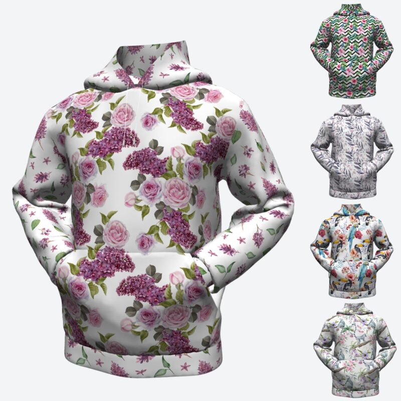 Bluza dresowa z kapturem hoodie wzór kwiatowy róże lilaki bez liście papugi lemury zygzak tropikalne kwiaty