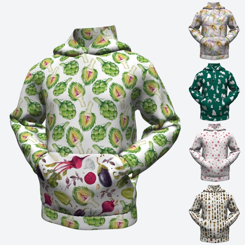 Bluza dresowa z kapturem hoodie wzór kwiatowy warzywa owoce truskawki Muminki chrząszcze żuki pawie pióra