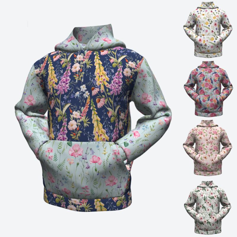 Bluza dresowa z kapturem hoodie wzór kwiatowy In Garden magnolie róże polne kwiaty mniszek mlecz maki