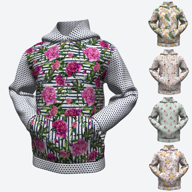 Bluza dresowa z kapturem hoodie wzór kwiatowy pawie peonie polne kwiaty róże protea kwiaty wiśni kanarki
