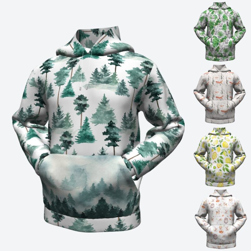 Bluza dresowa z kapturem hoodie drzewa las tropikalne zwierzęta monstery lisy cytryny jeżyki