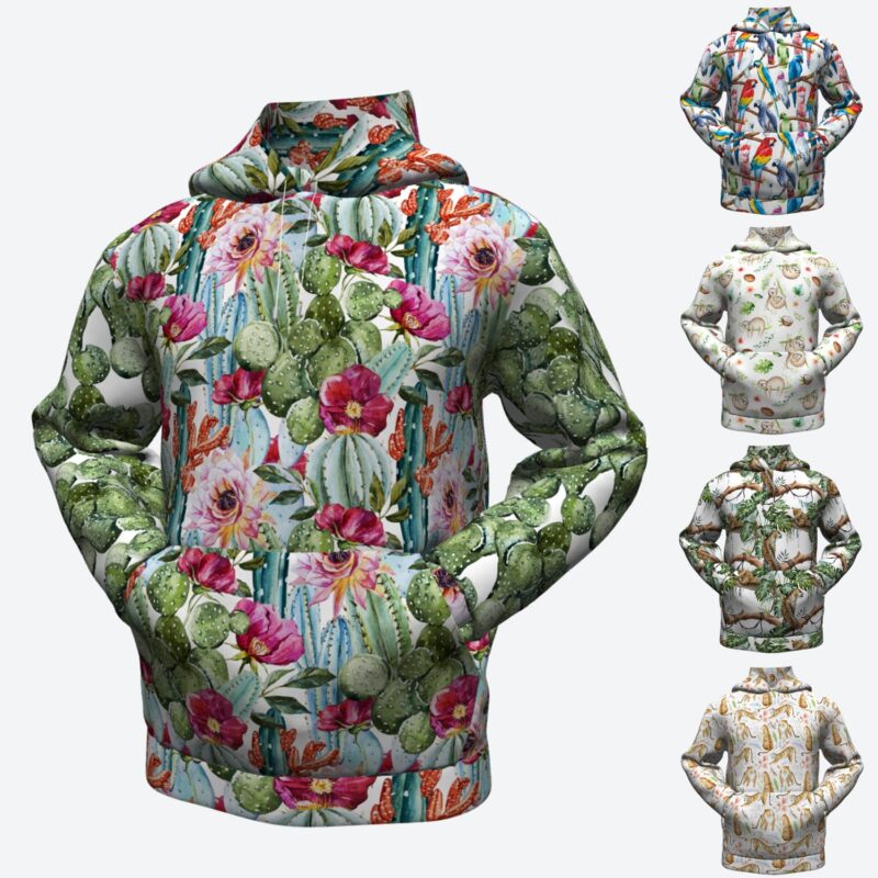 Bluza dresowa z kapturem hoodie wzory tropikalne papugi kaktusy leniwce lamparty tygrysy